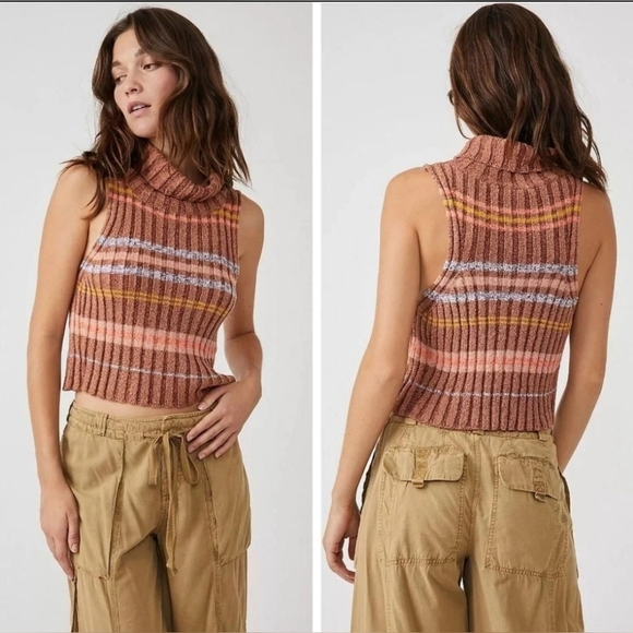 NWT Free People Ribbed Knit Cropped Turtleneck Sweater Tank Edith Vest Sz Large - Picture 2 of 16